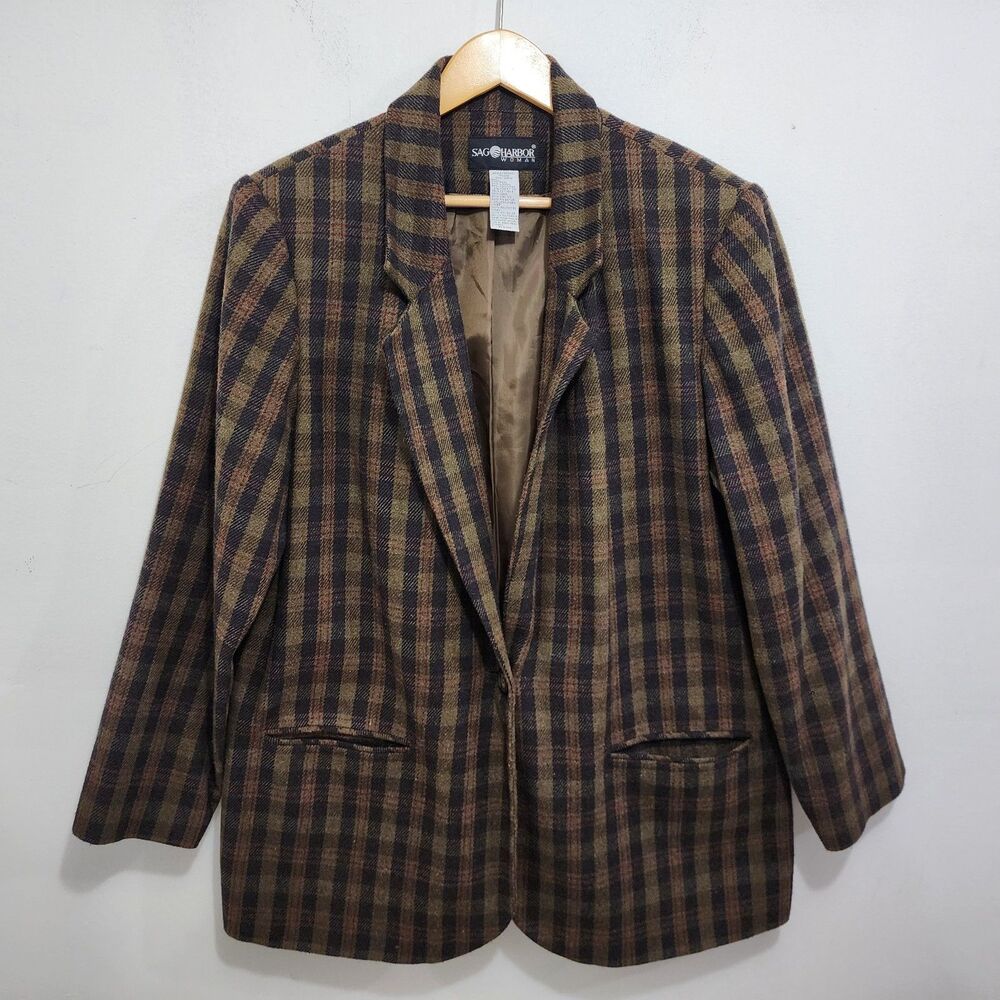 Sag Harbor Wool Blend Plaid Blazer Green Black Blazer Plus Size 18W Made In USA